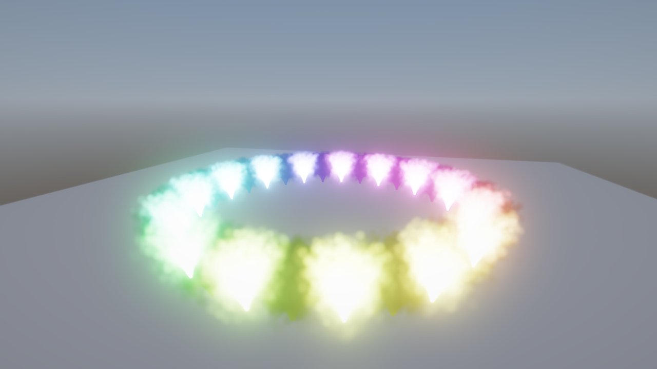A ring of thirty glowing rainbow-coloured particle fountains