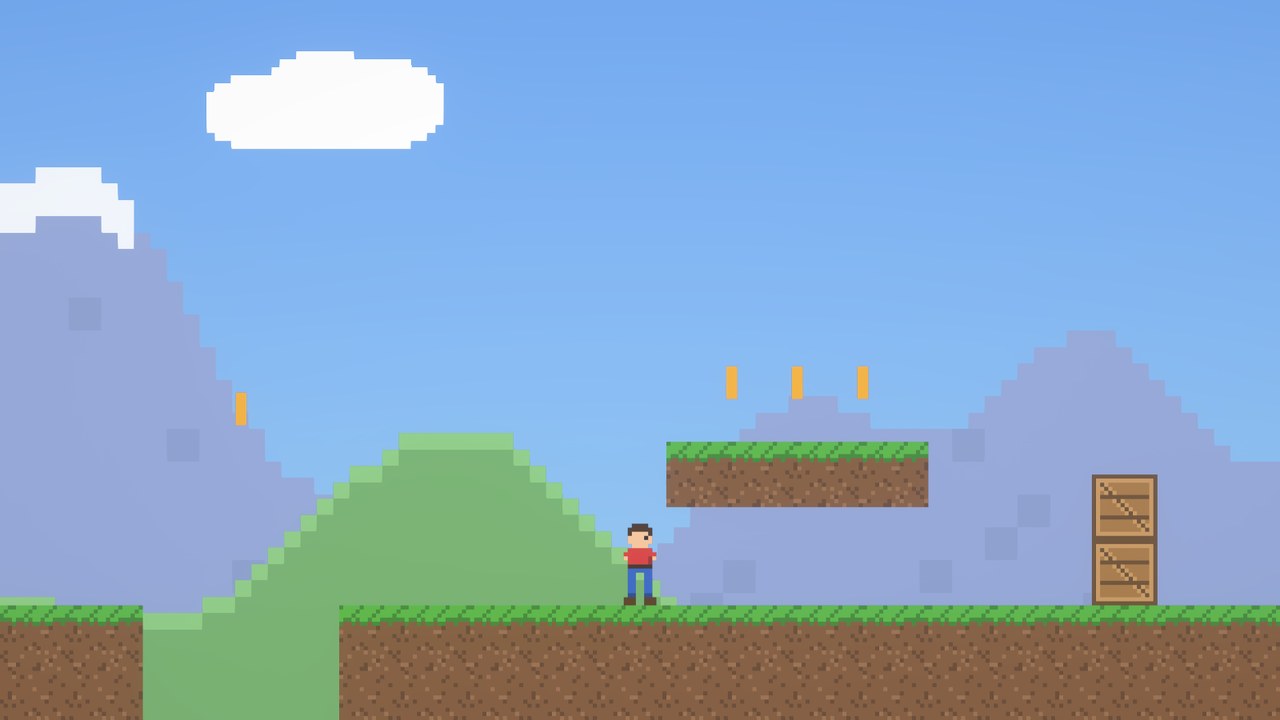 A pixel-art hero below a floating grass ledge with coins, wooden crates and mountains behind