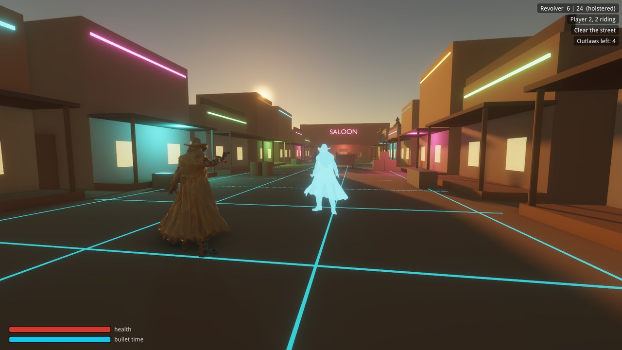 Co-op seen by player 2: the host in his buckskin coat with his revolver raised, beside the cyan hologram marshal