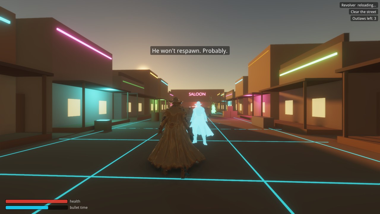 A cowboy in a buckskin coat on a dusk street of neon-trimmed storefronts, a glowing grid in the dirt, beside a translucent cyan hologram of a marshal