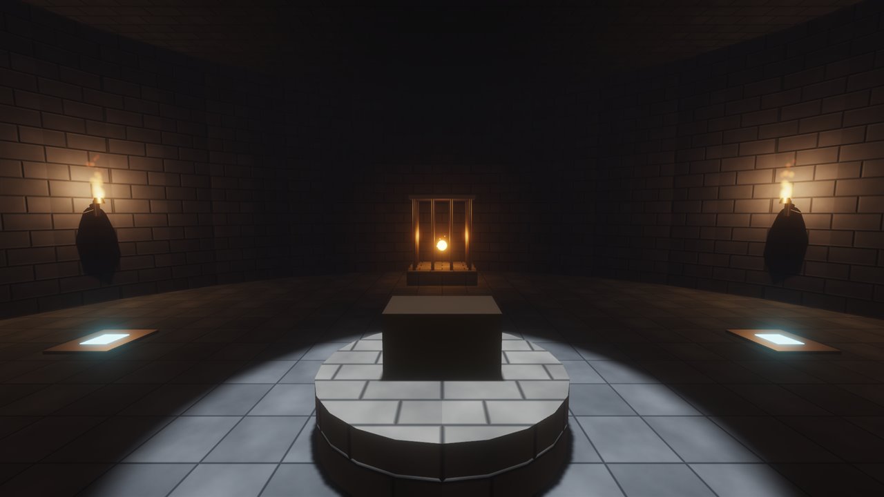 A round moonlit room with an ember locked in a cage