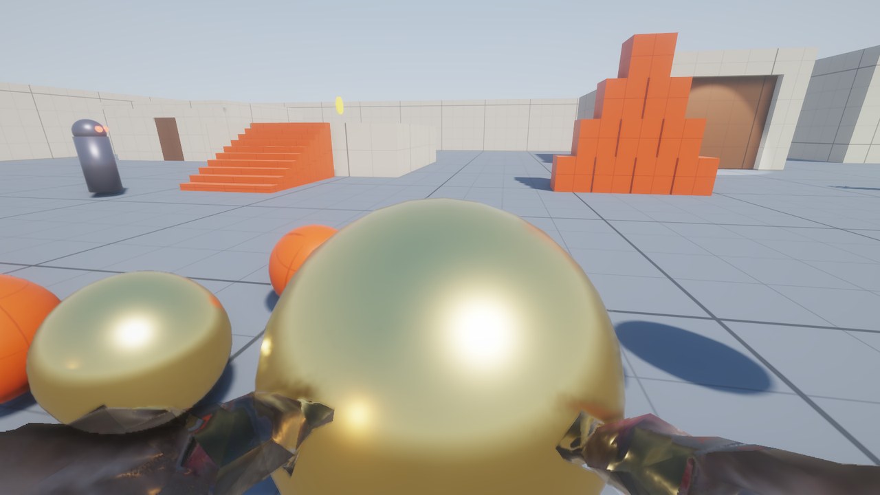 First person view: two gloved hands holding a large golden ball