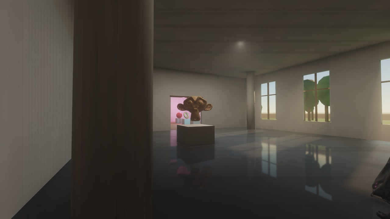 A tall hall with three glass windows, the low sun laying bright patches on a polished black floor that reflects the windows and a golden sculpture