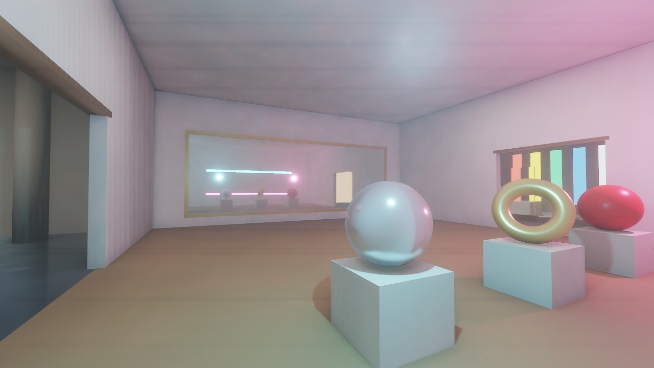 A gold-framed wall mirror reflecting cyan and pink neon tubes and lamps, with a chrome sphere, a gold ring and a red sphere on plinths in front