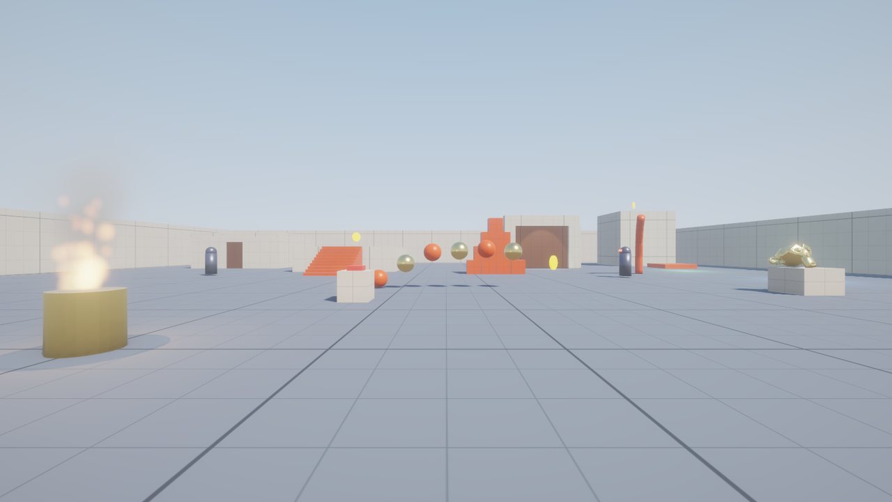 Sample level with coins, a lift, a door and physics props